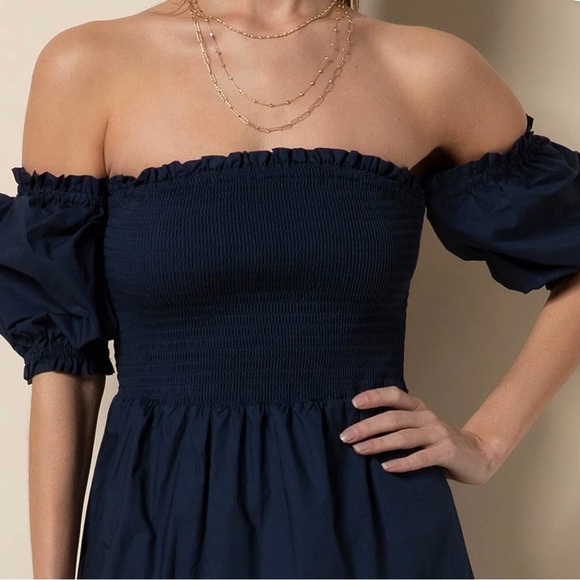 Tart NEW navy iris Kourt Dress smocked bust off shoulder S - Picture 2 of 11